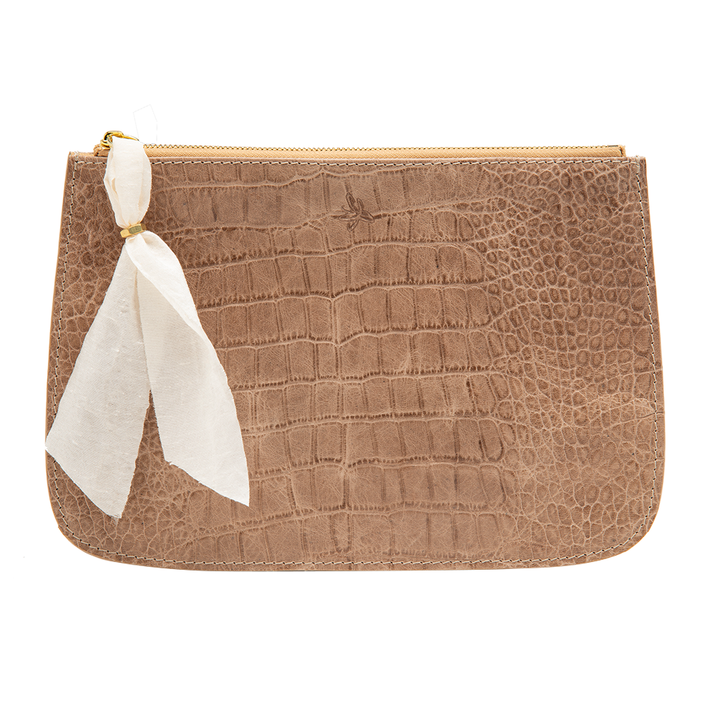 Tan Faux Croc Clutch